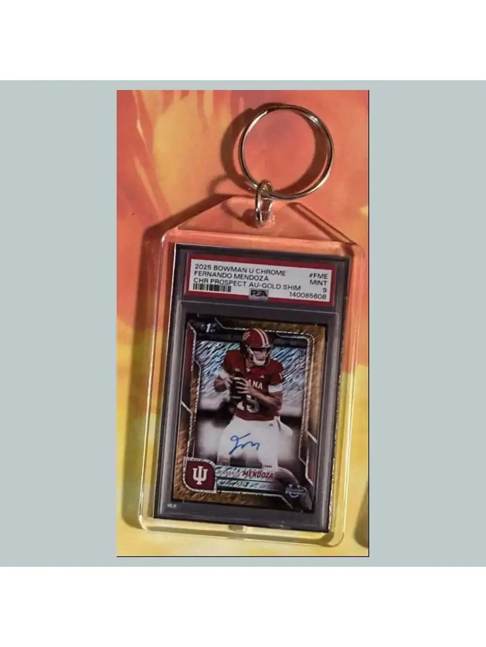 3726 Fernando Mendoza 2025 BowmanU Chrome Gold Shimmer Auto Custom Made Keychain